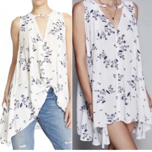 Free People Snap Out of It Swing dress white Blue Floral TunicTank X-Small 1278 - Picture 2 of 12
